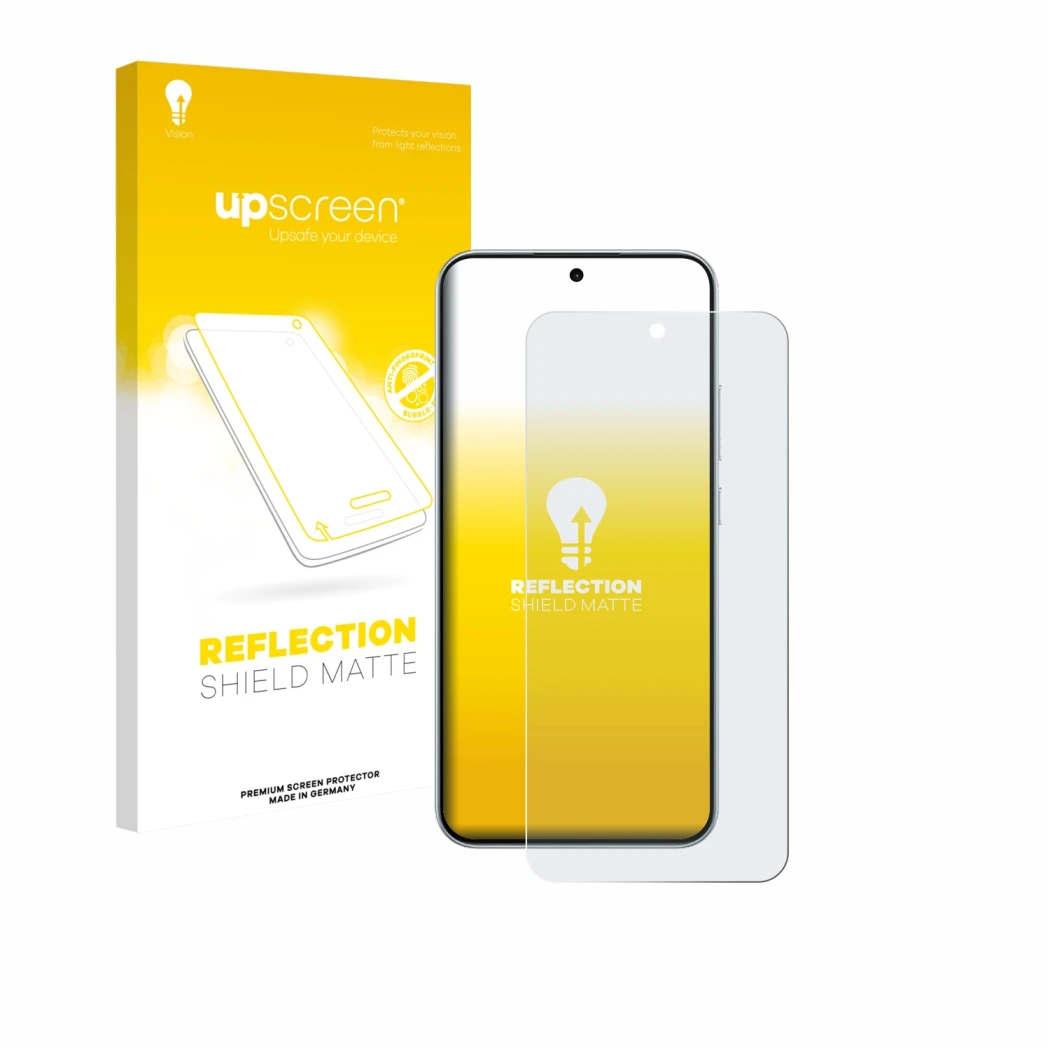 Parte frontal de un envase de producto con el logotipo de la marca upscreen. Al lado se muestra el dispositivo Oppo A6 Pro con