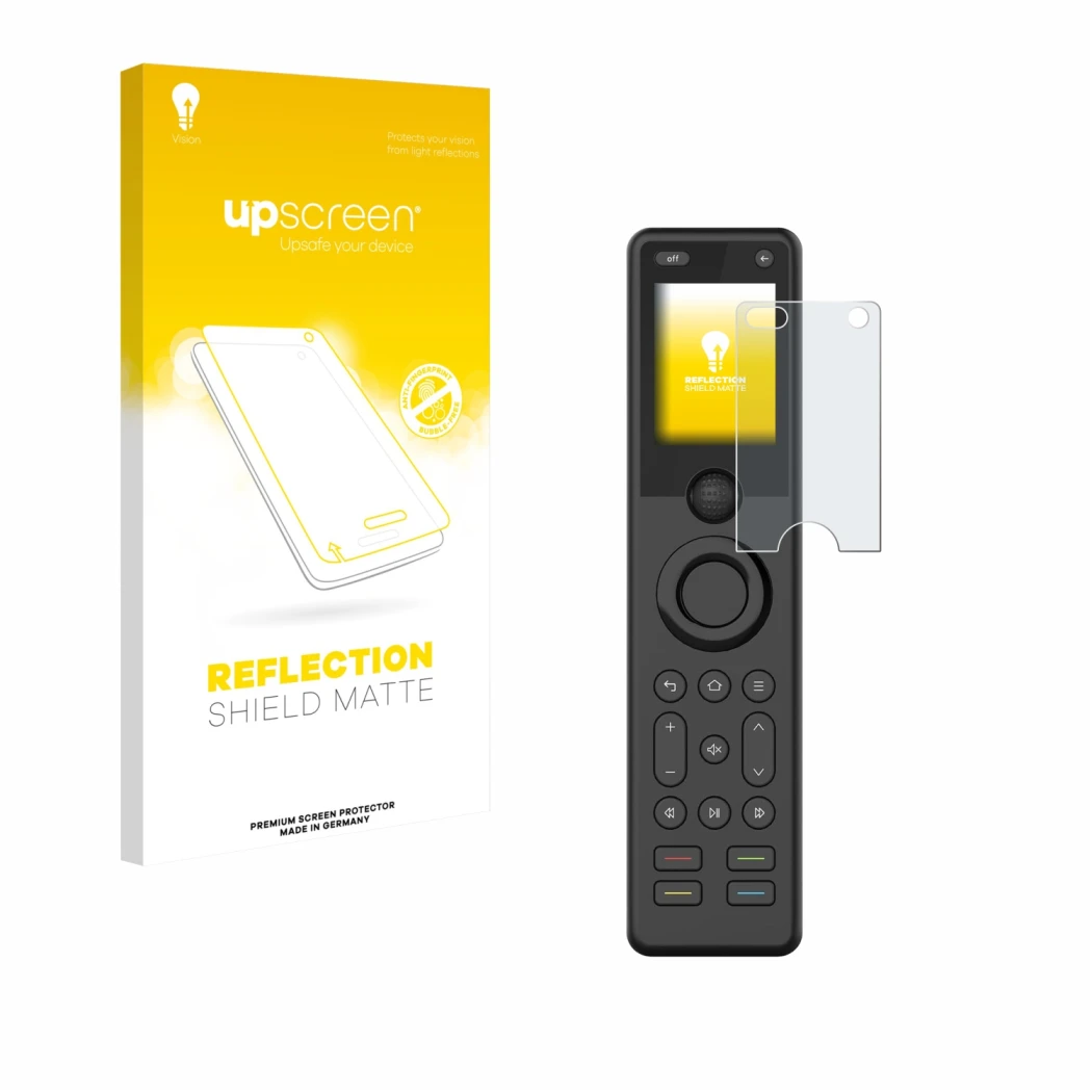 Parte frontal de un envase de producto con el logotipo de la marca upscreen. Al lado se muestra el dispositivo Sofabaton X1S c