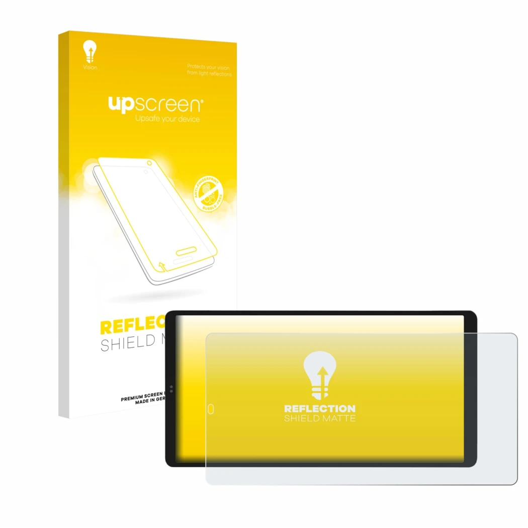 Parte frontal de un envase de producto con el logotipo de la marca upscreen. Al lado se muestra el dispositivo Shelly Wall Dis