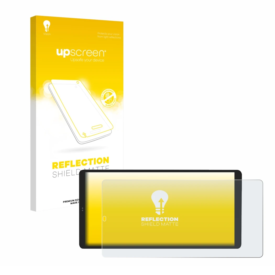 Parte frontal de un envase de producto con el logotipo de la marca upscreen. Al lado se muestra el dispositivo Shelly Wall Dis