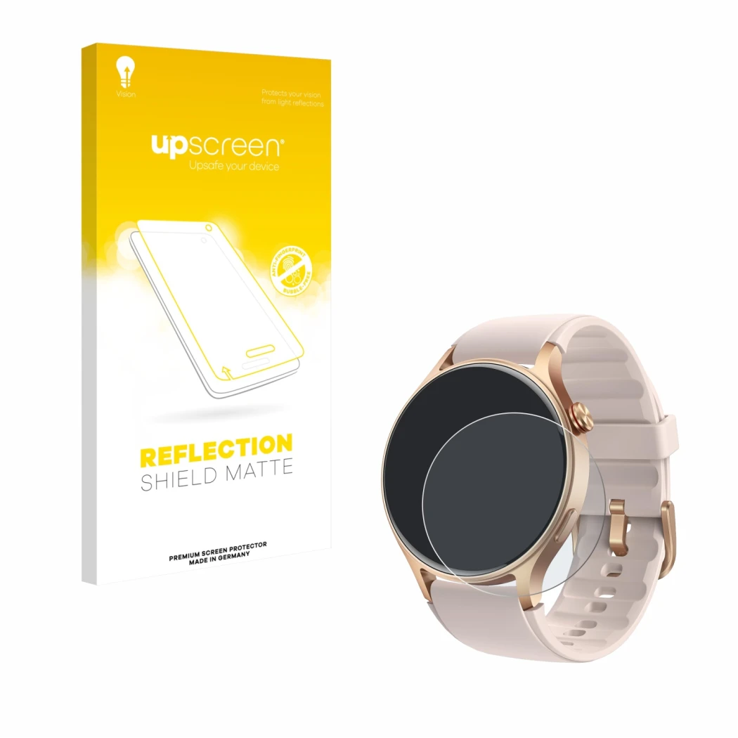 Parte frontal de un envase de producto con el logotipo de la marca upscreen. Al lado se muestra el dispositivo aeac AR01 1.32
