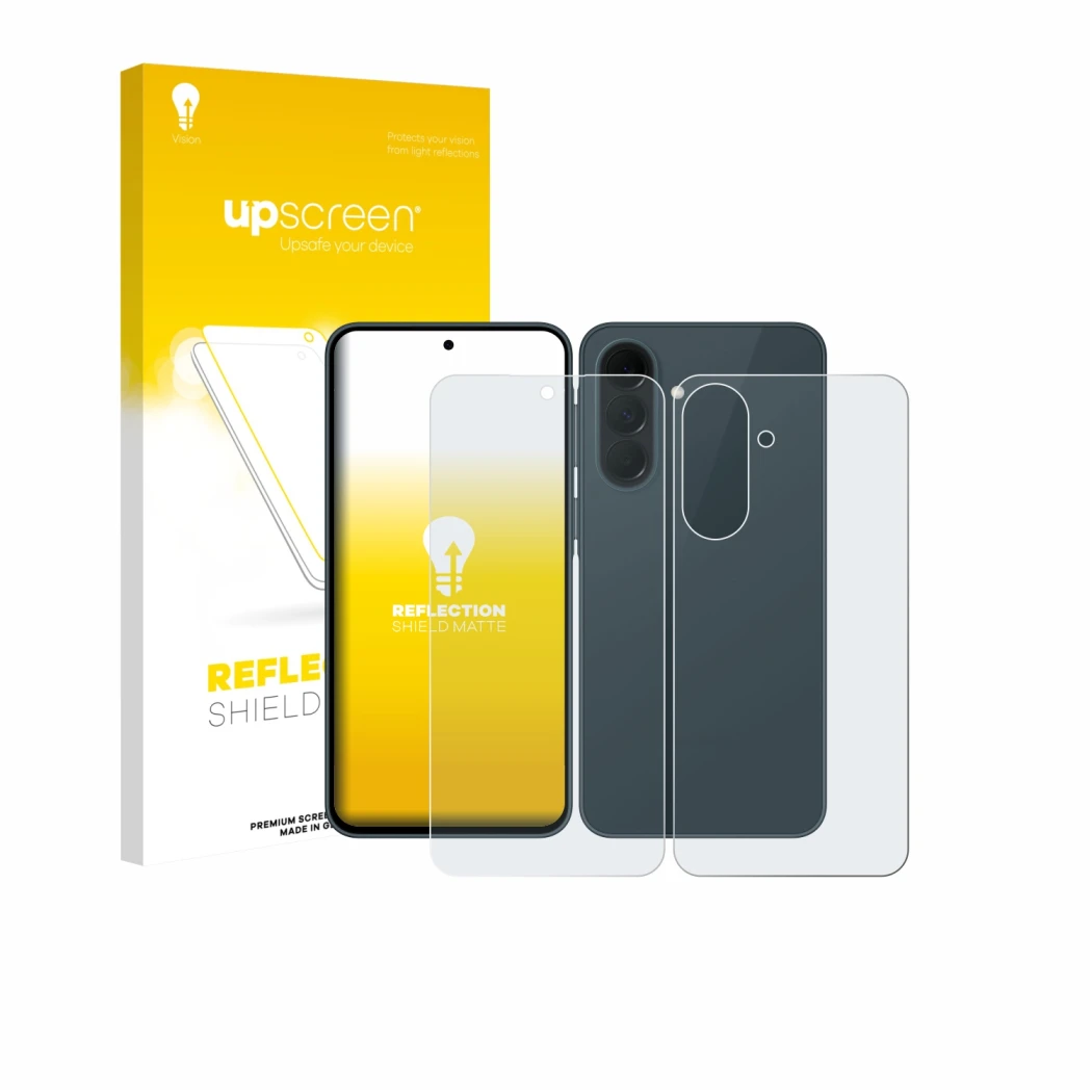 Parte frontal de un envase de producto con el logotipo de la marca upscreen. Al lado se muestra el dispositivo Samsung Galaxy 