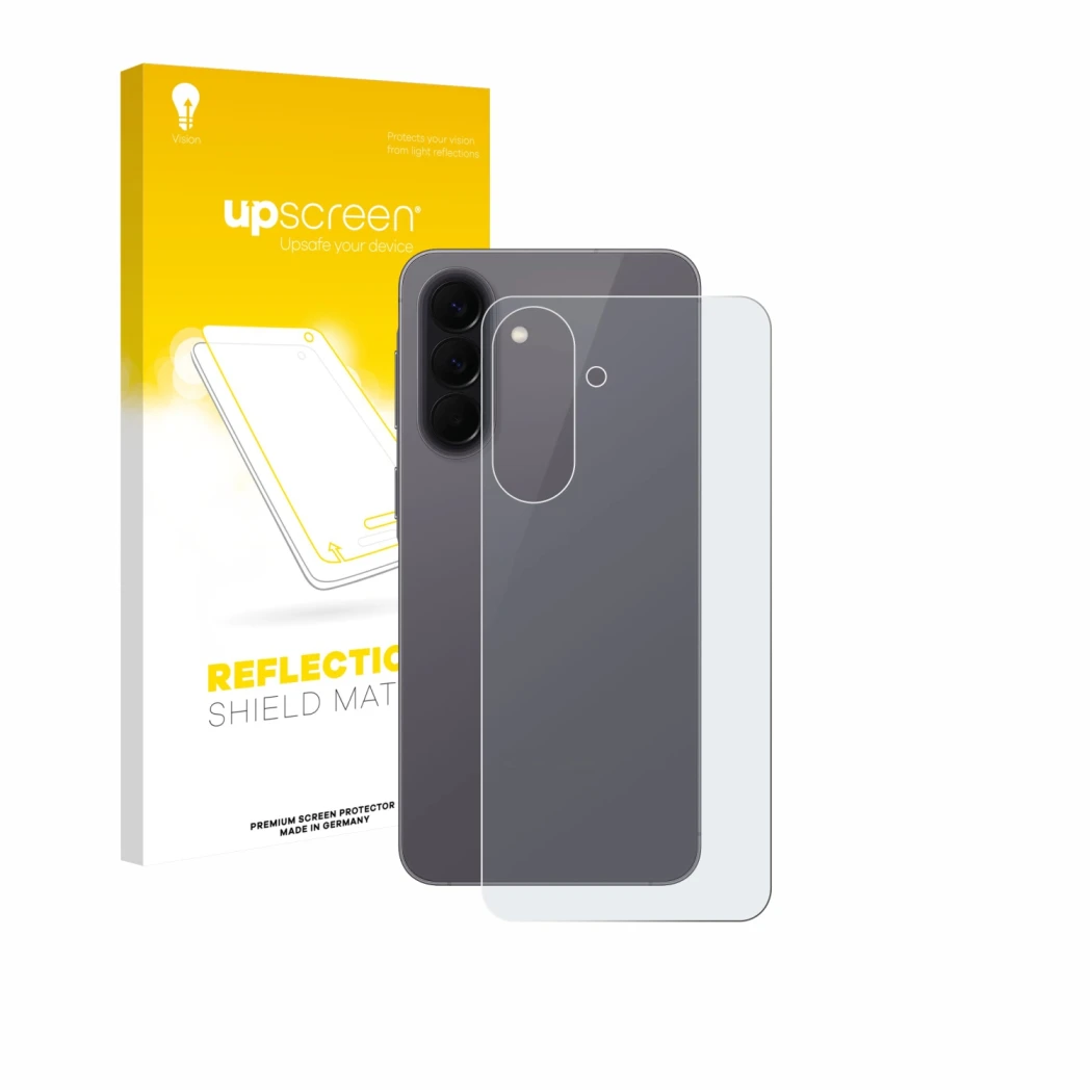 Parte frontal de un envase de producto con el logotipo de la marca upscreen. Al lado se muestra el dispositivo Samsung Galaxy 