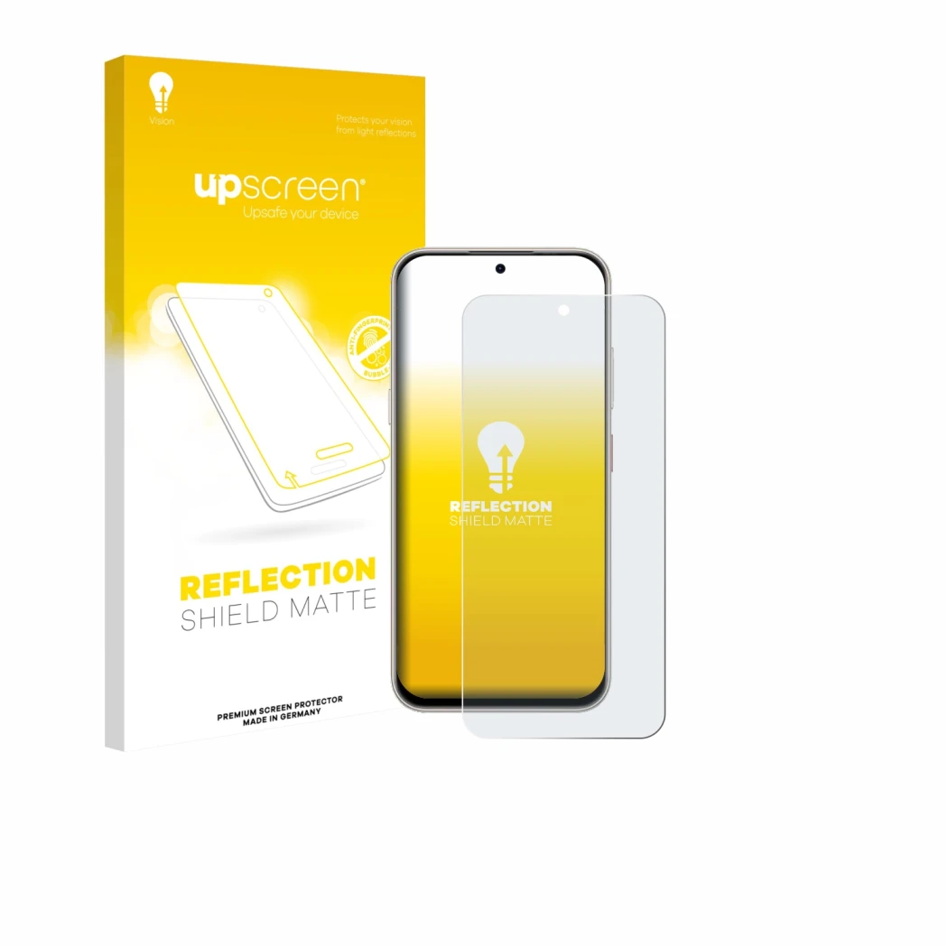 Parte frontal de un envase de producto con el logotipo de la marca upscreen. Al lado se muestra el dispositivo Nubia V80 Pro c