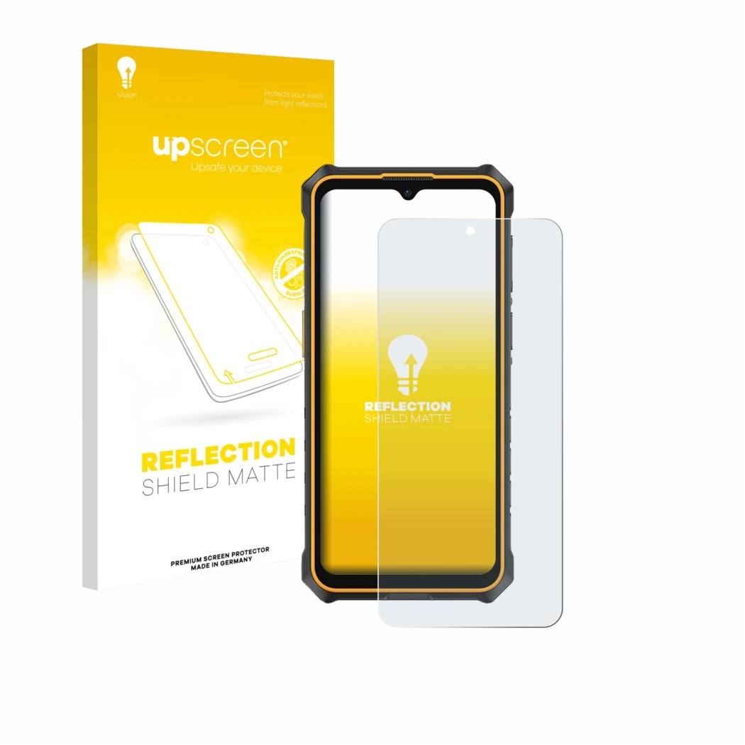 Parte frontal de un envase de producto con el logotipo de la marca upscreen. Al lado se muestra el dispositivo Ulefone RugKing