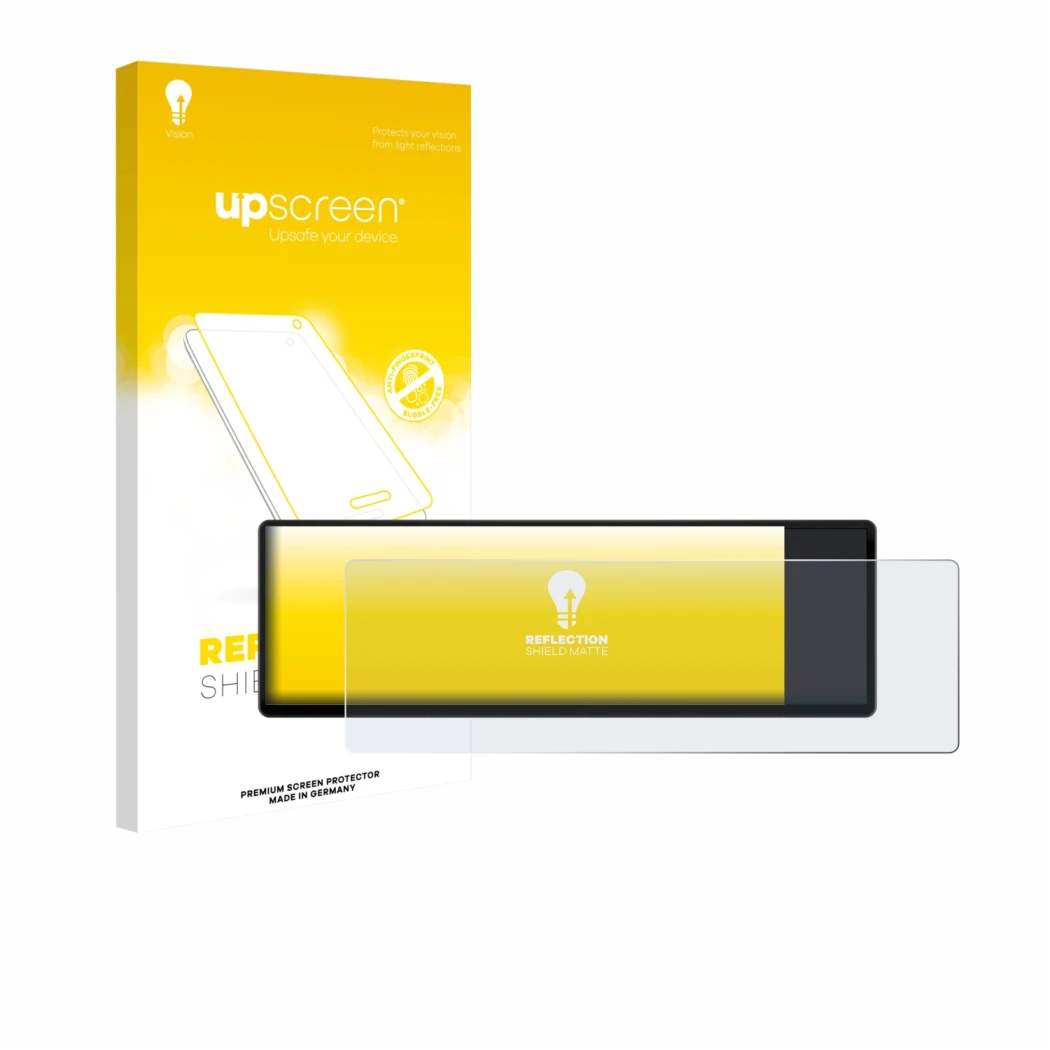 Parte frontal de un envase de producto con el logotipo de la marca upscreen. Al lado se muestra el dispositivo Corsair Xeneon 