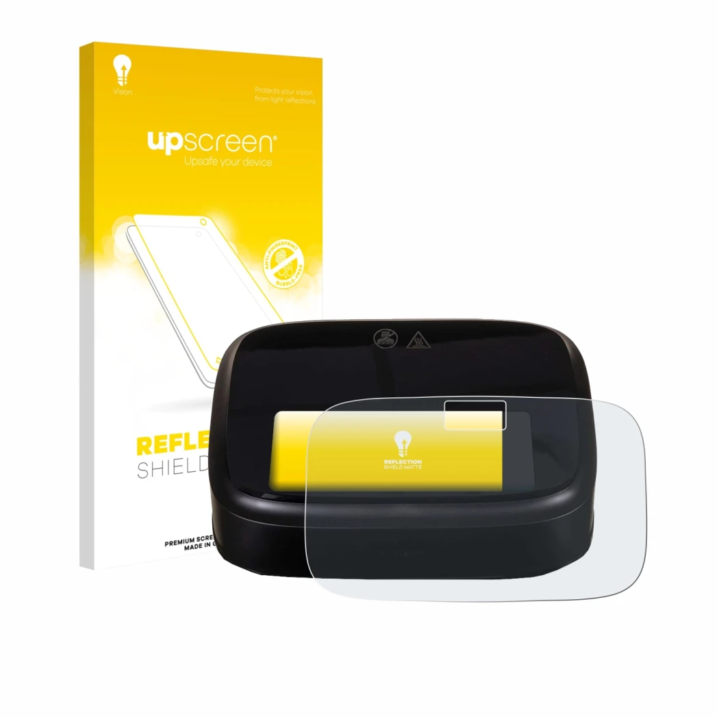 Parte frontal de un envase de producto con el logotipo de la marca upscreen. Al lado se muestra el dispositivo Philips Airfrye