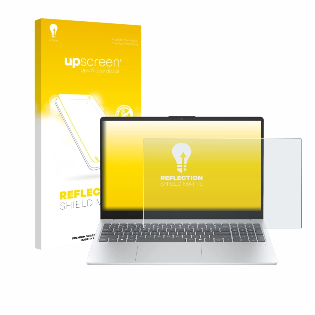 Parte frontal de un envase de producto con el logotipo de la marca upscreen. Al lado se muestra el dispositivo HP OmniBook 3 1