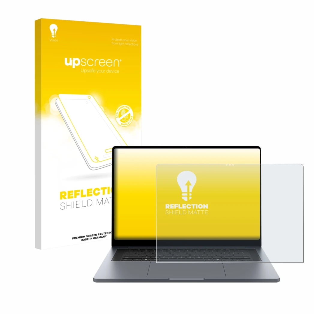 Parte frontal de un envase de producto con el logotipo de la marca upscreen. Al lado se muestra el dispositivo Samsung Galaxy 