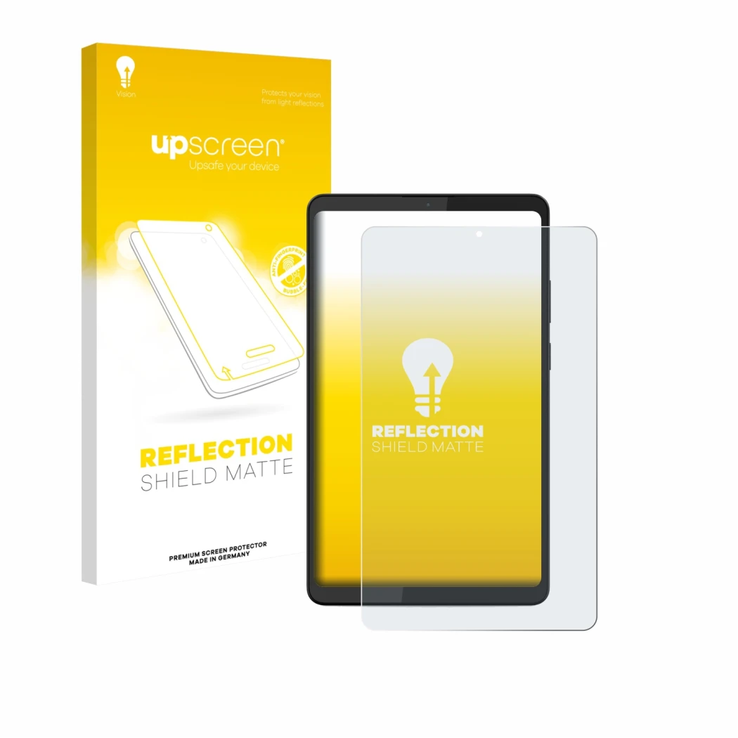 Parte frontal de un envase de producto con el logotipo de la marca upscreen. Al lado se muestra el dispositivo Lenovo Tab K9 c