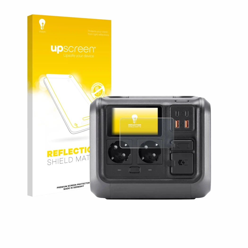 Parte frontal de un envase de producto con el logotipo de la marca upscreen. Al lado se muestra el dispositivo DJI Power 500 c