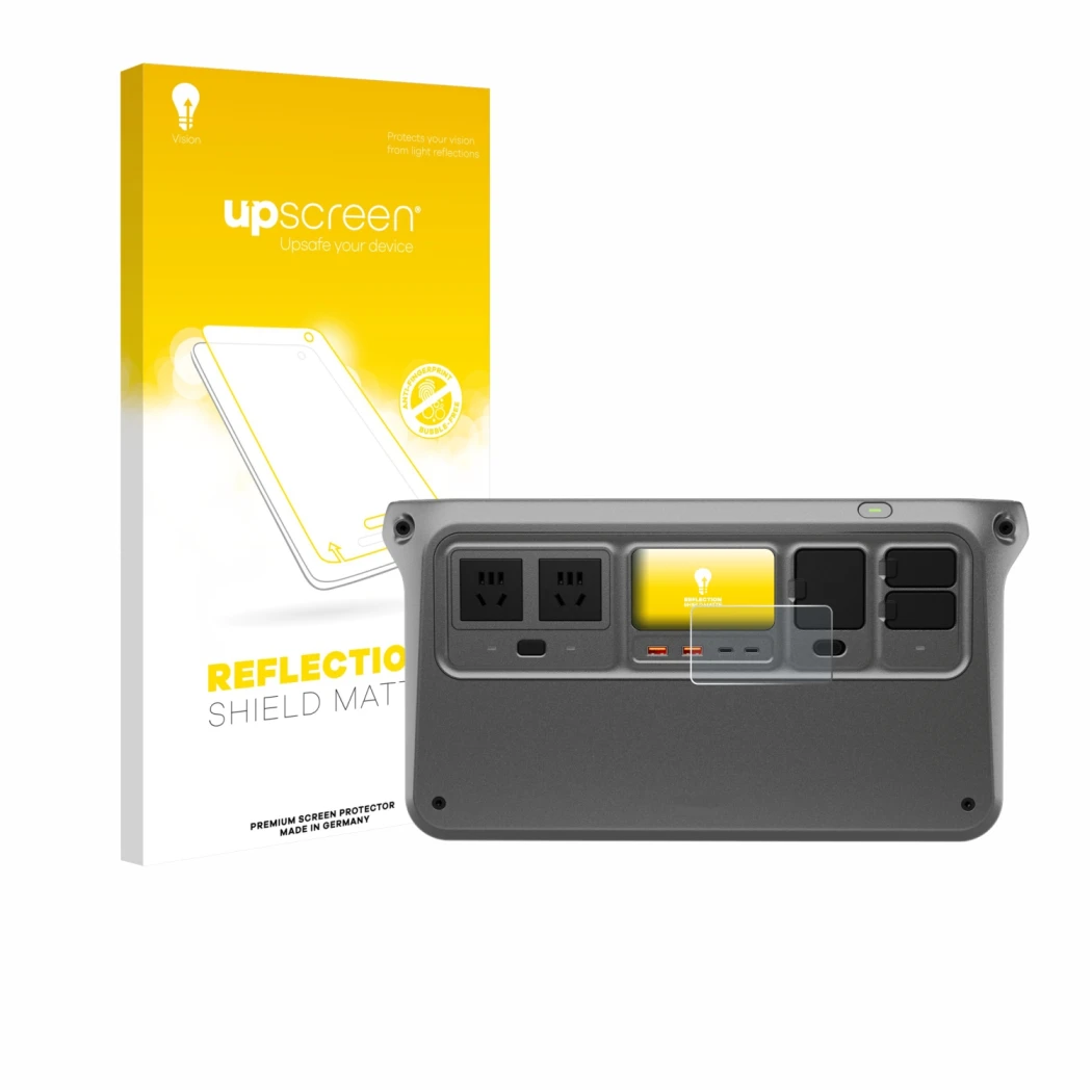 Parte frontal de un envase de producto con el logotipo de la marca upscreen. Al lado se muestra el dispositivo DJI Power 1000