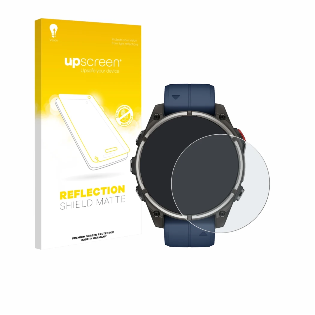 Parte frontal de un envase de producto con el logotipo de la marca upscreen. Al lado se muestra el dispositivo Garmin quatix 8