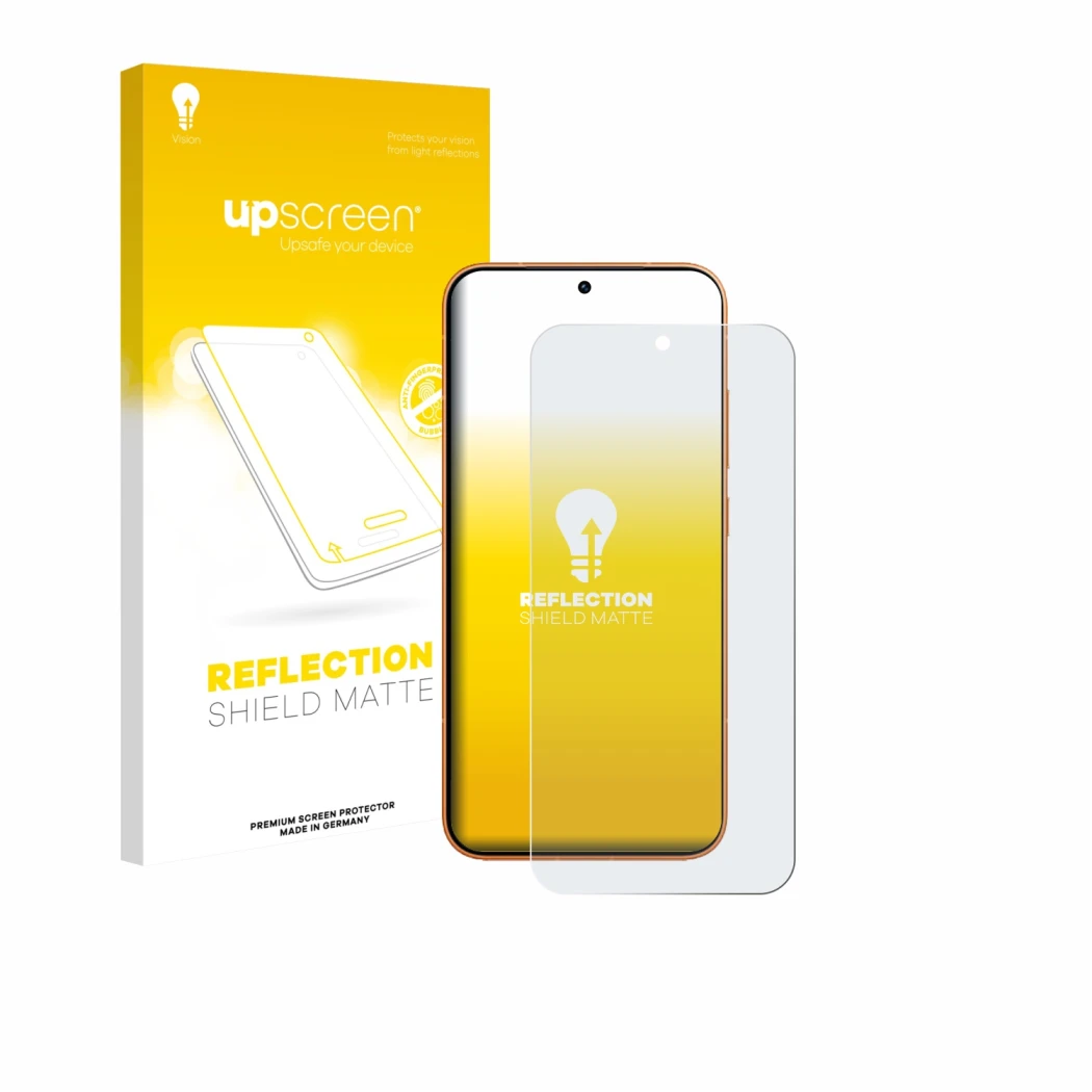 Parte frontal de un envase de producto con el logotipo de la marca upscreen. Al lado se muestra el dispositivo Honor Magic 8 P