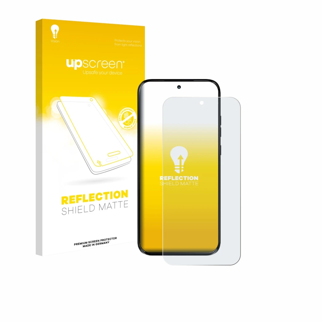 Parte frontal de un envase de producto con el logotipo de la marca upscreen. Al lado se muestra el dispositivo Motorola Moto G