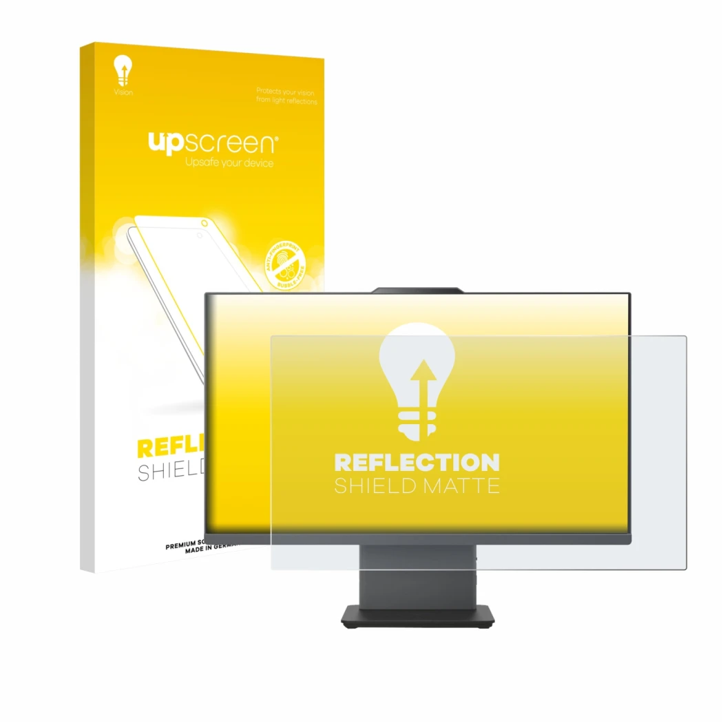 Parte frontal de un envase de producto con el logotipo de la marca upscreen. Al lado se muestra el dispositivo Lenovo ThinkCen