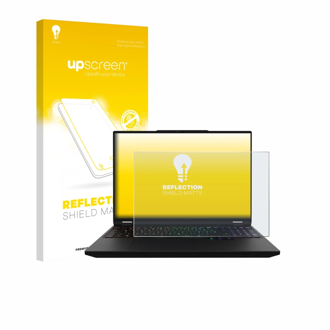 Parte frontal de un envase de producto con el logotipo de la marca upscreen. Al lado se muestra el dispositivo XMG Apex 16 Max