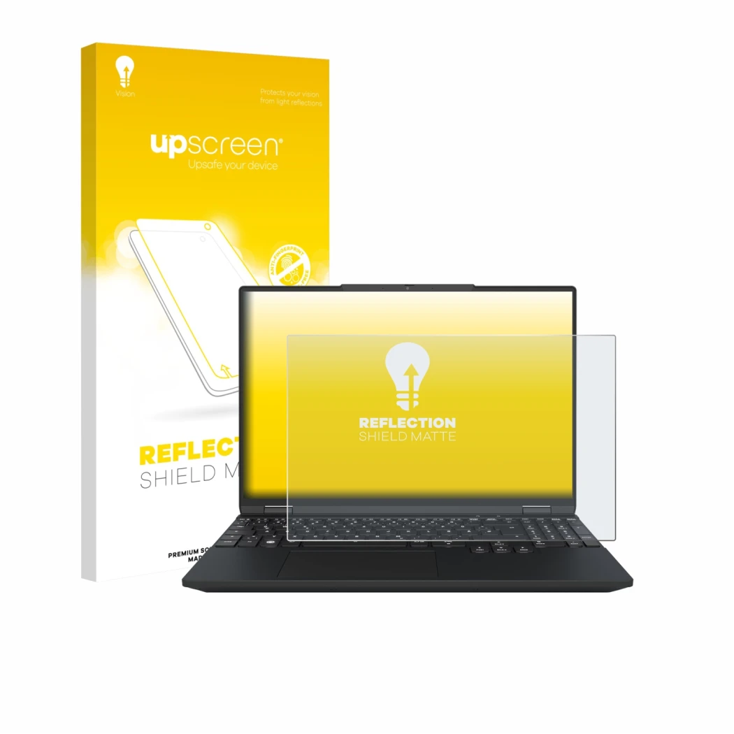 Parte frontal de un envase de producto con el logotipo de la marca upscreen. Al lado se muestra el dispositivo Tuxedo Infinity