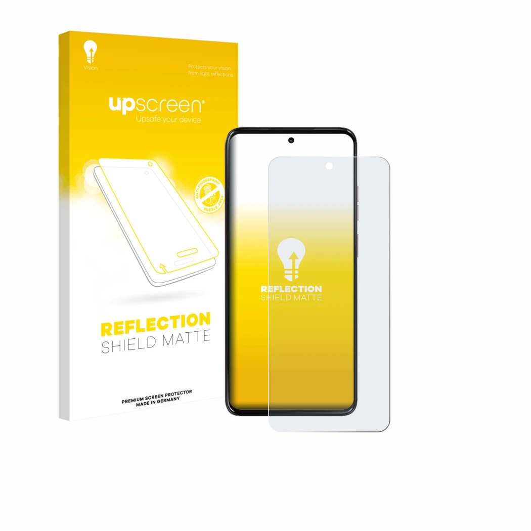 Parte frontal de un envase de producto con el logotipo de la marca upscreen. Al lado se muestra el dispositivo Motorola Moto G