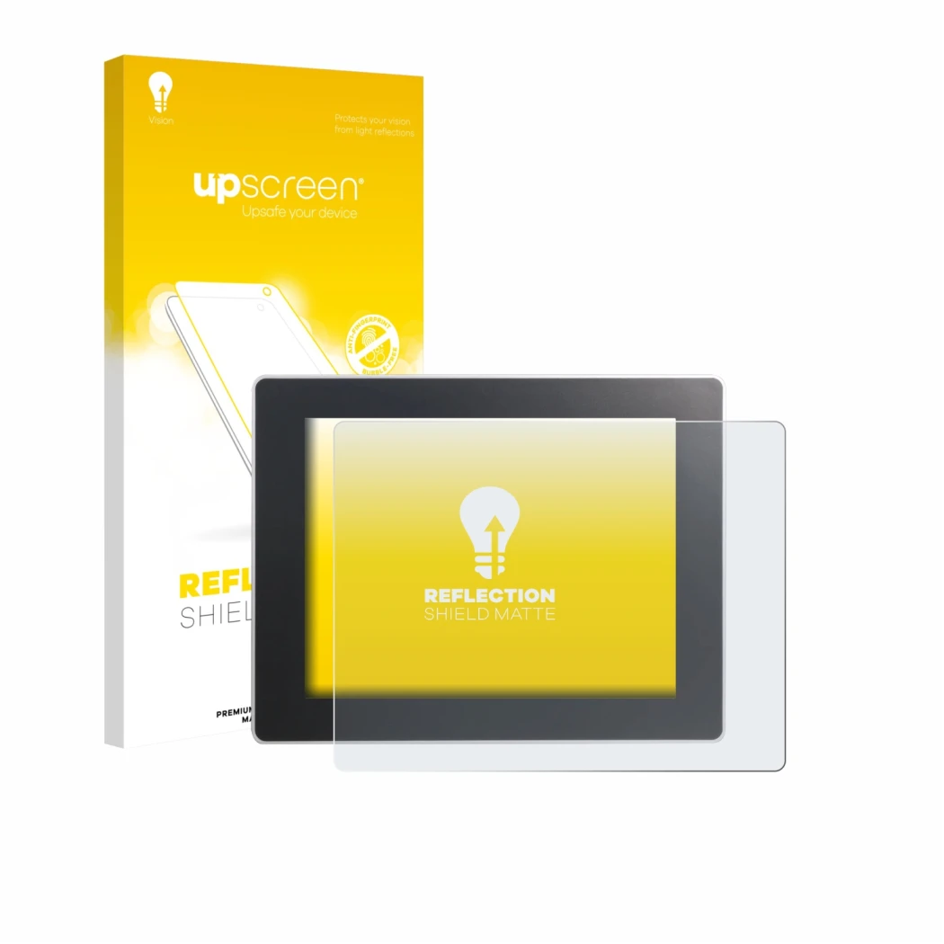 Parte frontal de un envase de producto con el logotipo de la marca upscreen. Al lado se muestra el dispositivo Weintek cMT3092