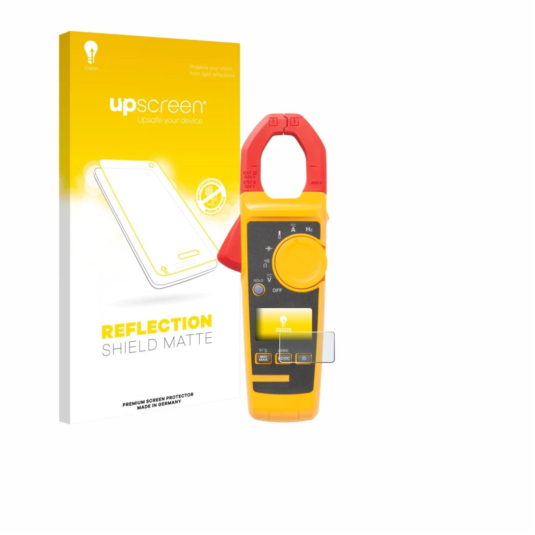 Parte frontal de un envase de producto con el logotipo de la marca upscreen. Al lado se muestra el dispositivo Fluke 325 con s