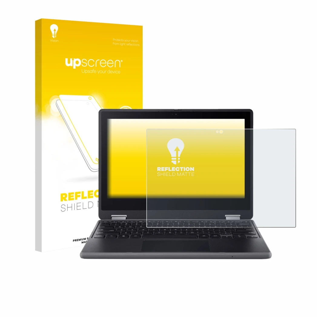 Parte frontal de un envase de producto con el logotipo de la marca upscreen. Al lado se muestra el dispositivo Acer Chromebook
