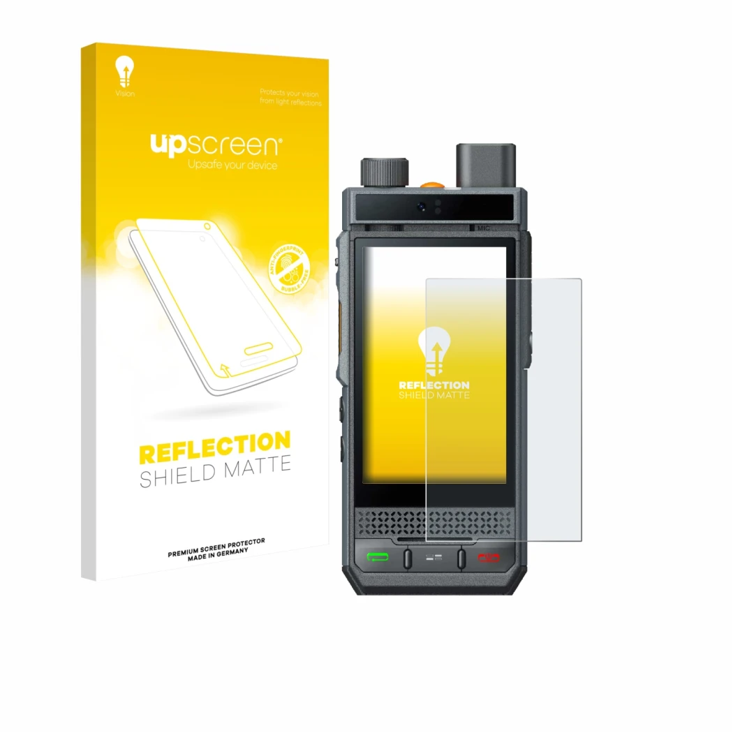 Parte frontal de un envase de producto con el logotipo de la marca upscreen. Al lado se muestra el dispositivo Hytera P60 con