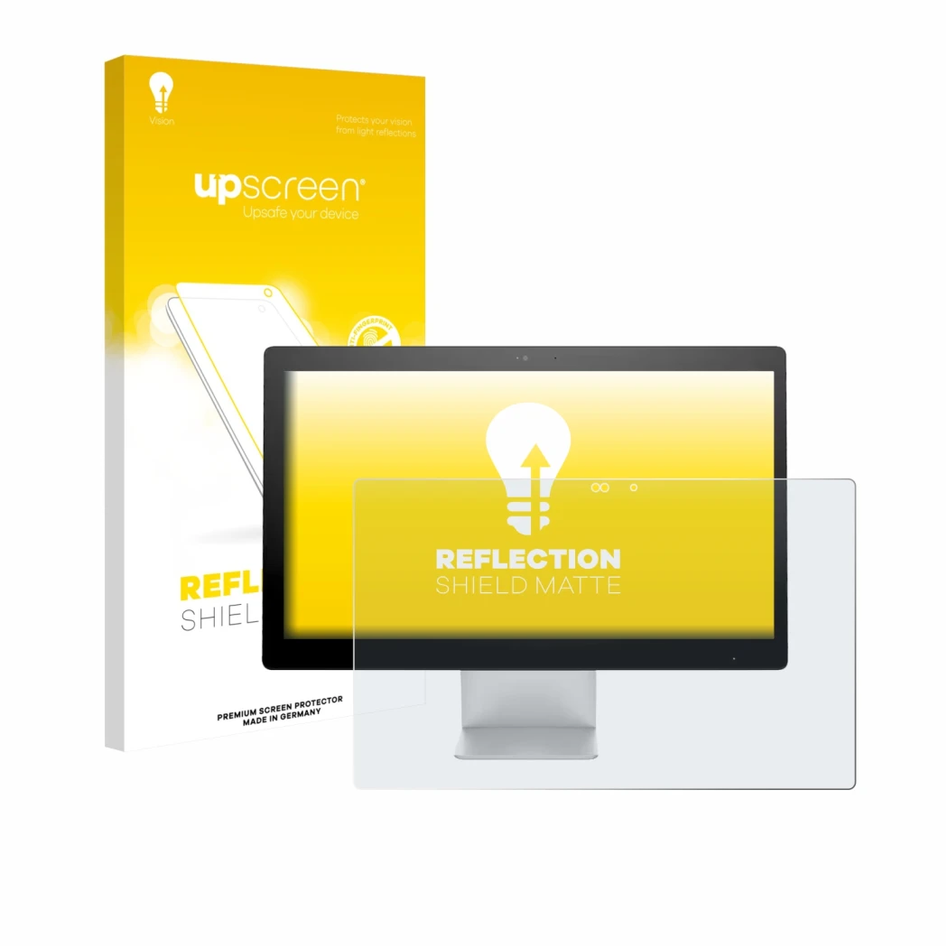 Parte frontal de un envase de producto con el logotipo de la marca upscreen. Al lado se muestra el dispositivo HP Pavilion All