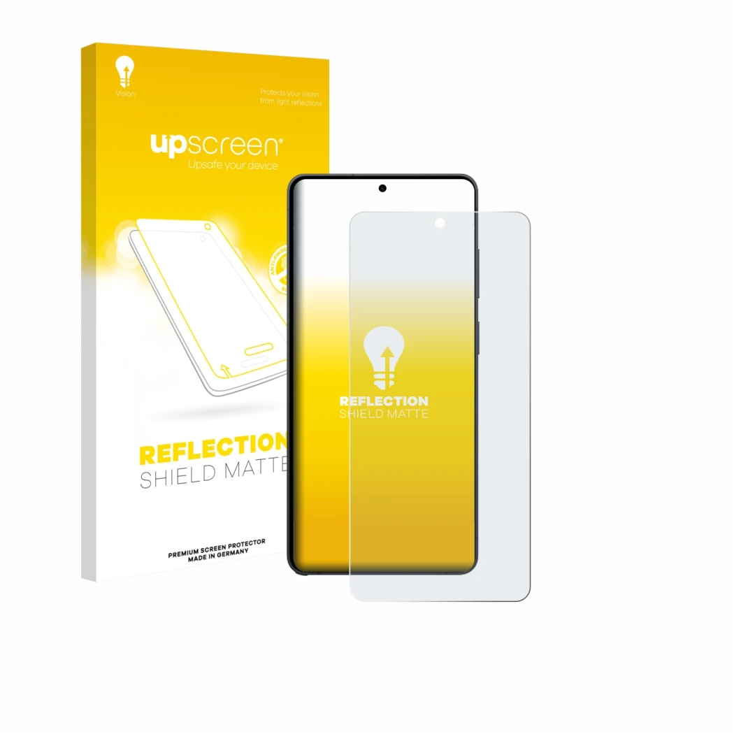 Parte frontal de un envase de producto con el logotipo de la marca upscreen. Al lado se muestra el dispositivo Samsung Galaxy