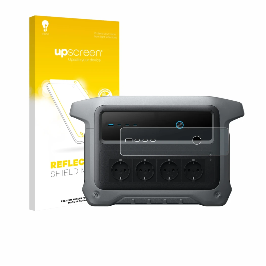 Parte frontal de un envase de producto con el logotipo de la marca upscreen. Al lado se muestra el dispositivo Anker SOLIX C10