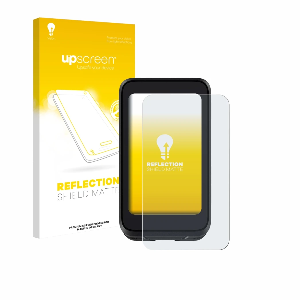 Parte frontal de un envase de producto con el logotipo de la marca upscreen. Al lado se muestra el dispositivo iGPSPORT BiNavi