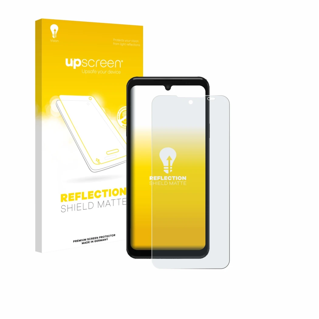 Parte frontal de un envase de producto con el logotipo de la marca upscreen. Al lado se muestra el dispositivo Sunmi M3 con su