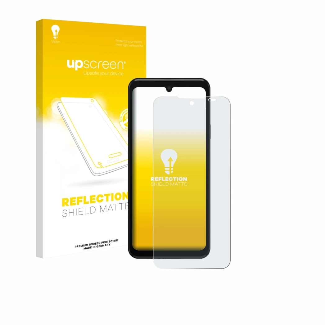 Parte frontal de un envase de producto con el logotipo de la marca upscreen. Al lado se muestra el dispositivo Sunmi L3 con su