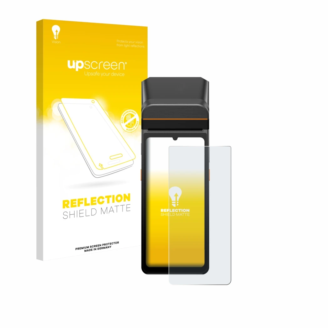 Parte frontal de un envase de producto con el logotipo de la marca upscreen. Al lado se muestra el dispositivo Sunmi V3 A13 co