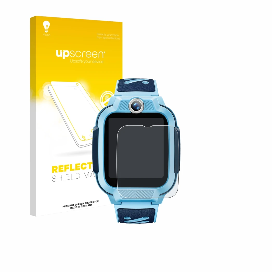 Parte frontal de un envase de producto con el logotipo de la marca upscreen. Al lado se muestra el dispositivo Imoo Watch Phon