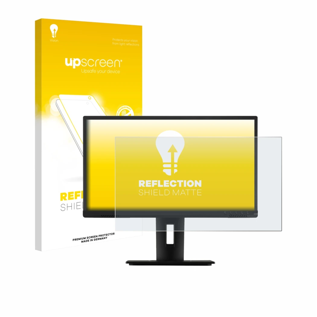 Parte frontal de un envase de producto con el logotipo de la marca upscreen. Al lado se muestra el dispositivo ViewSonic VG224