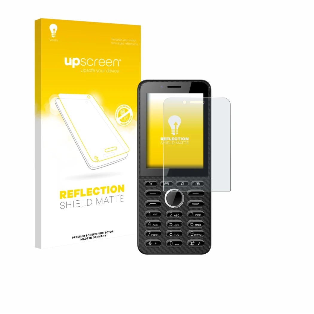 Parte frontal de un envase de producto con el logotipo de la marca upscreen. Al lado se muestra el dispositivo Energizer E288S