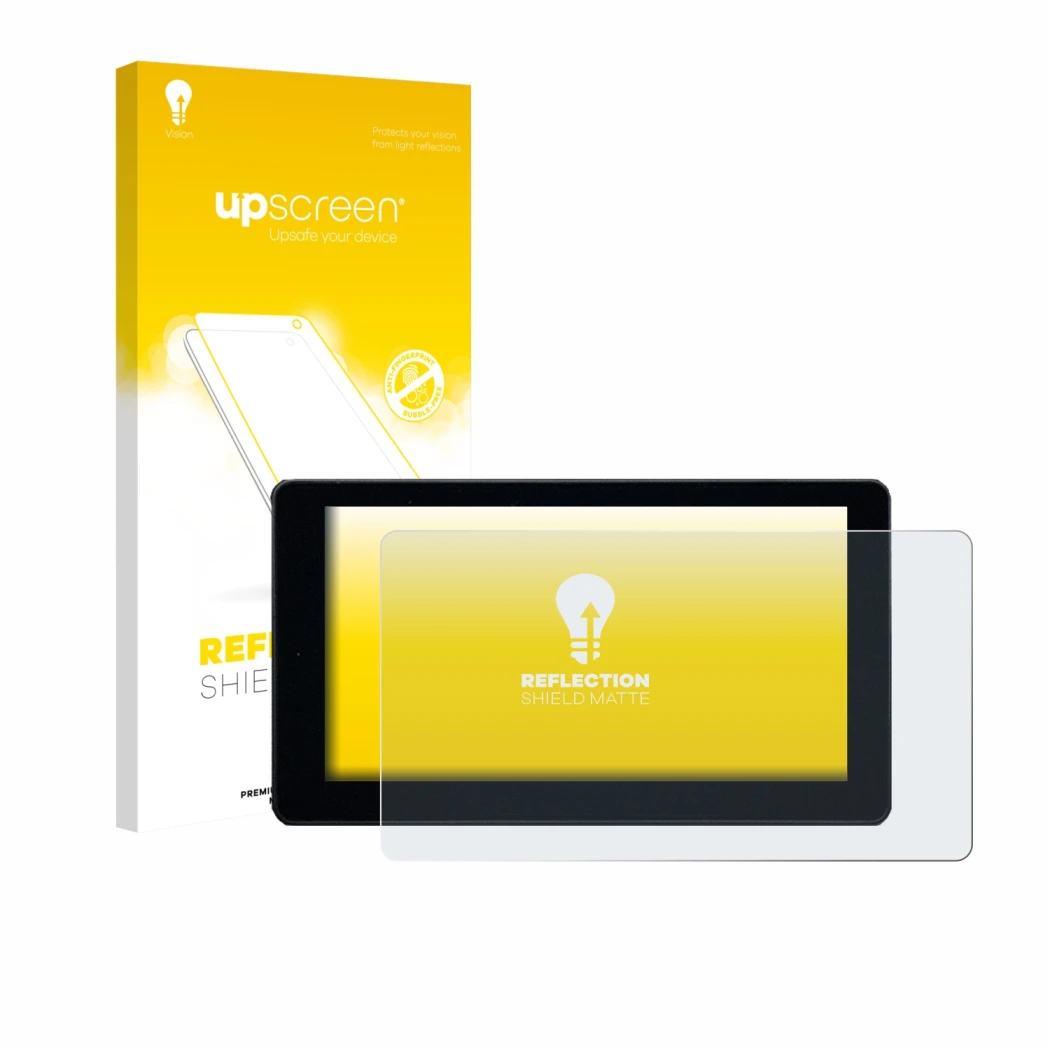 Parte frontal de un envase de producto con el logotipo de la marca upscreen. Al lado se muestra el dispositivo Zontes 368K con