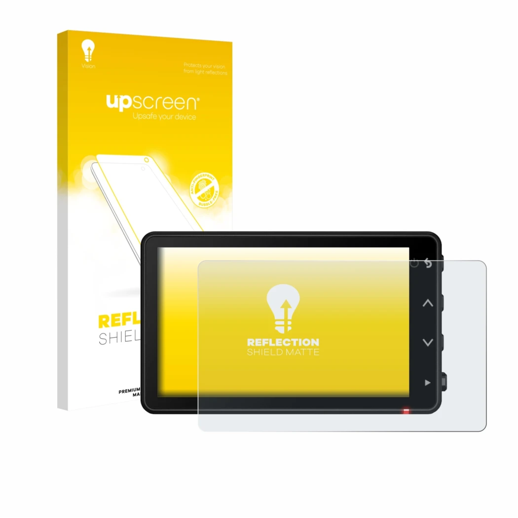 Parte frontal de un envase de producto con el logotipo de la marca upscreen. Al lado se muestra el dispositivo Garmin Catalyst