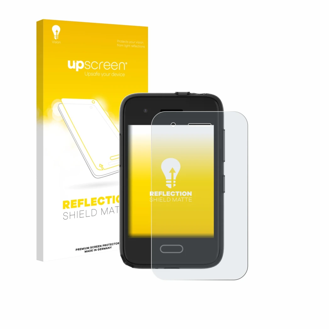 Parte frontal de un envase de producto con el logotipo de la marca upscreen. Al lado se muestra el dispositivo Xplora One con
