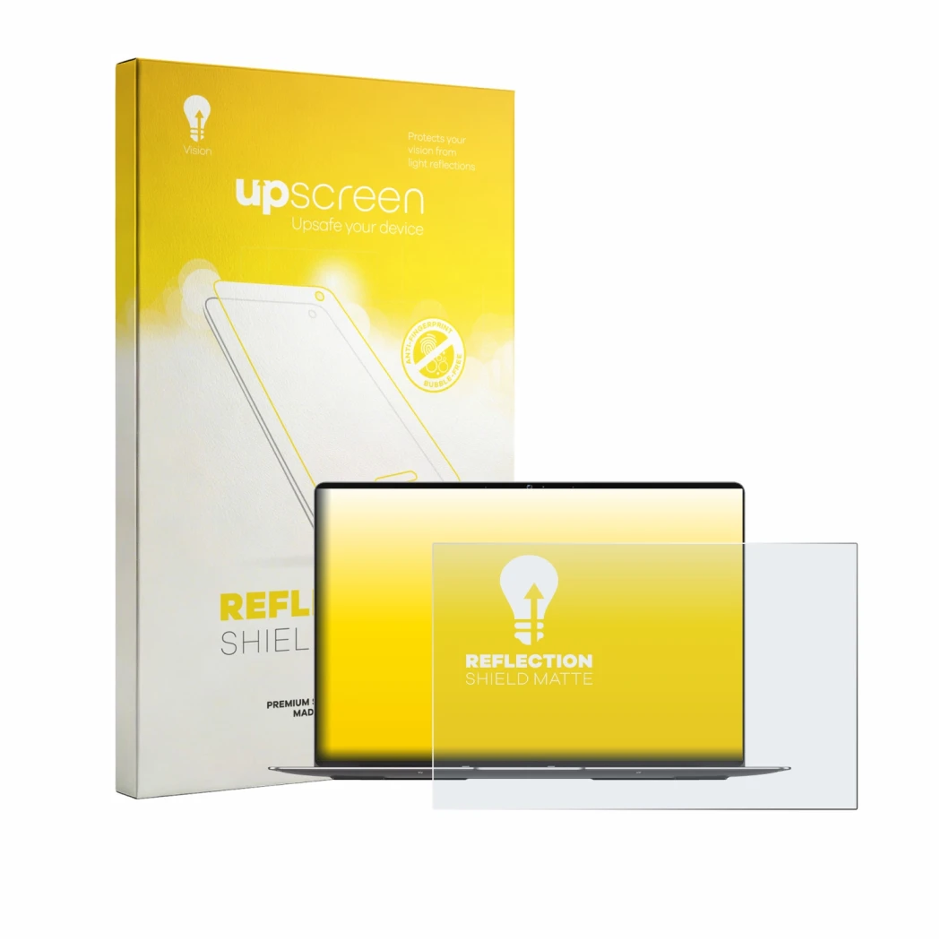 Parte frontal de un envase de producto con el logotipo de la marca upscreen. Al lado se muestra el dispositivo Geekom GeekBook