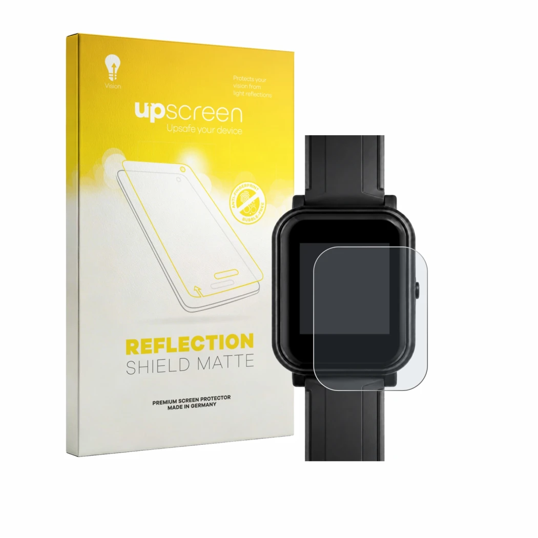 Parte frontal de un envase de producto con el logotipo de la marca upscreen. Al lado se muestra el dispositivo Bangle.js 2 con