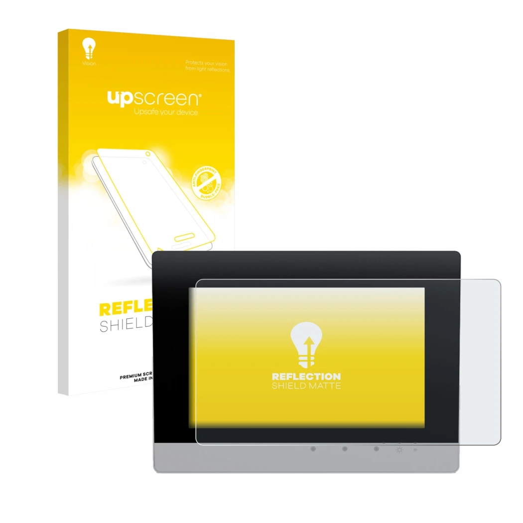 Parte frontal de un envase de producto con el logotipo de la marca upscreen. Al lado se muestra el dispositivo WAGO Control Pa