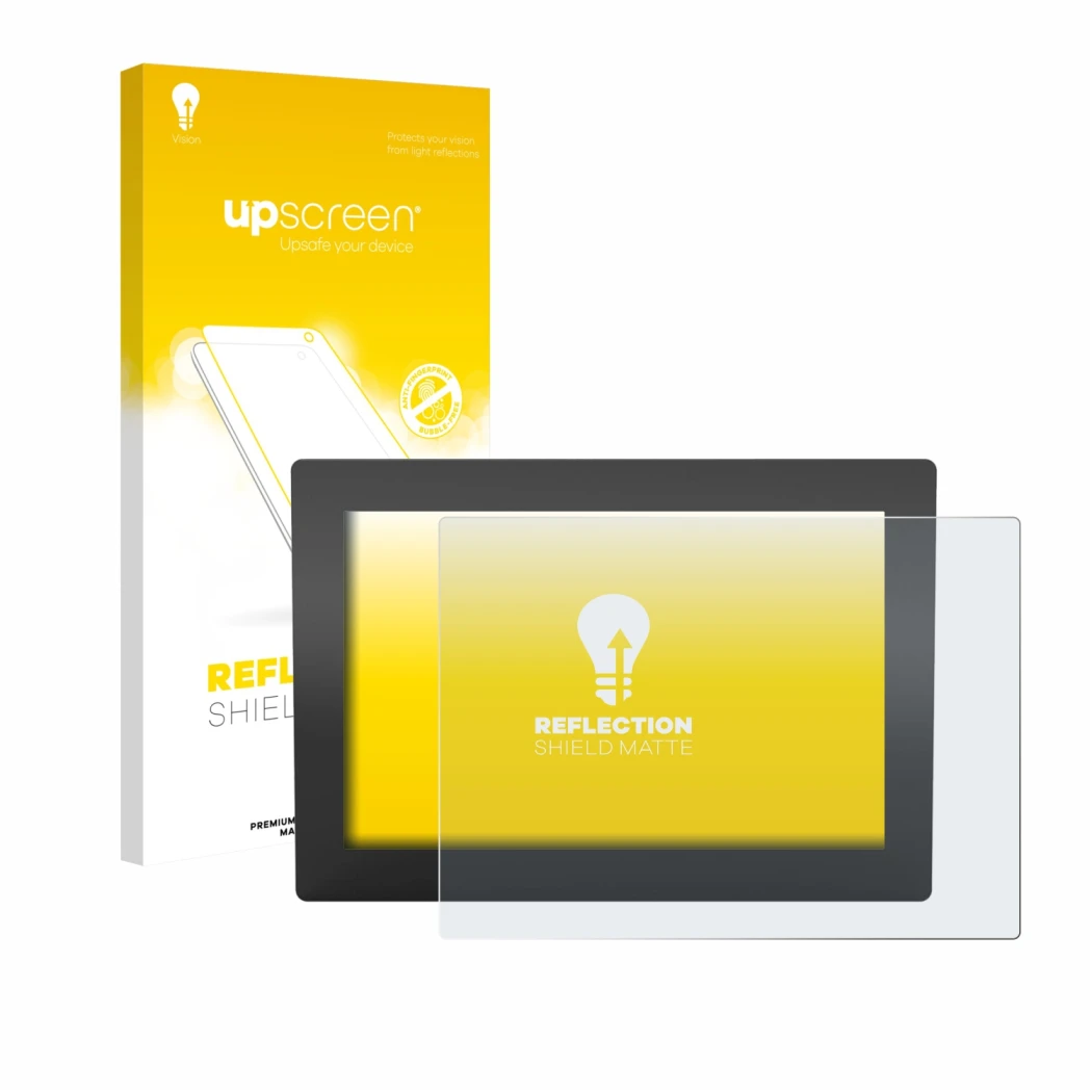Parte frontal de un envase de producto con el logotipo de la marca upscreen. Al lado se muestra el dispositivo WAGO Web Panel