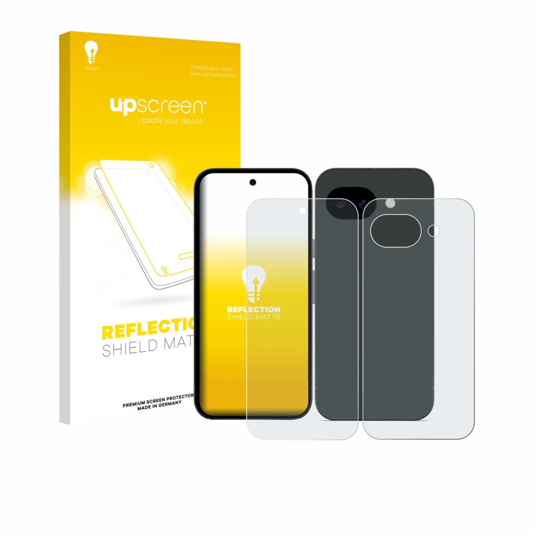 Parte frontal de un envase de producto con el logotipo de la marca upscreen. Al lado se muestra el dispositivo Google Pixel 10