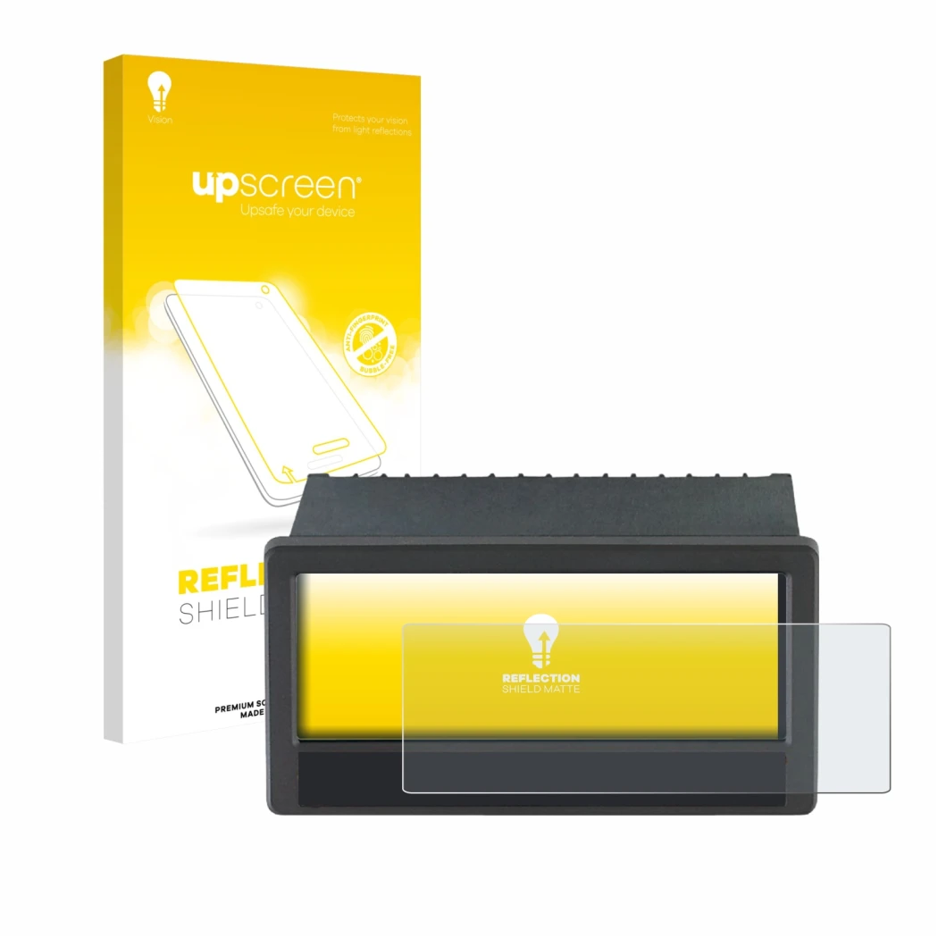 Parte frontal de un envase de producto con el logotipo de la marca upscreen. Al lado se muestra el dispositivo ifm DX2055 con