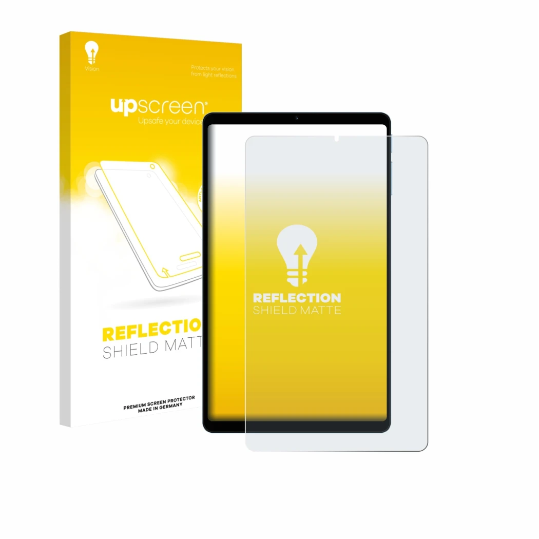 Parte frontal de un envase de producto con el logotipo de la marca upscreen. Al lado se muestra el dispositivo Teclast T50 Min