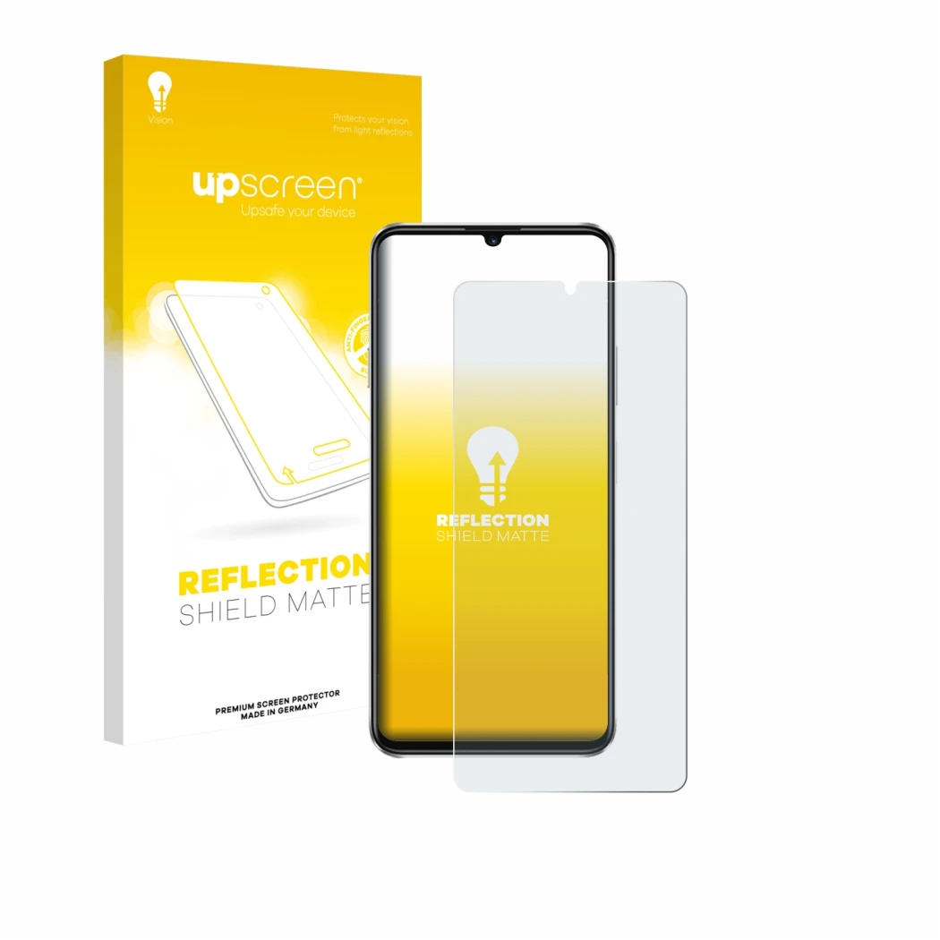 Parte frontal de un envase de producto con el logotipo de la marca upscreen. Al lado se muestra el dispositivo Huawei Nova Y72