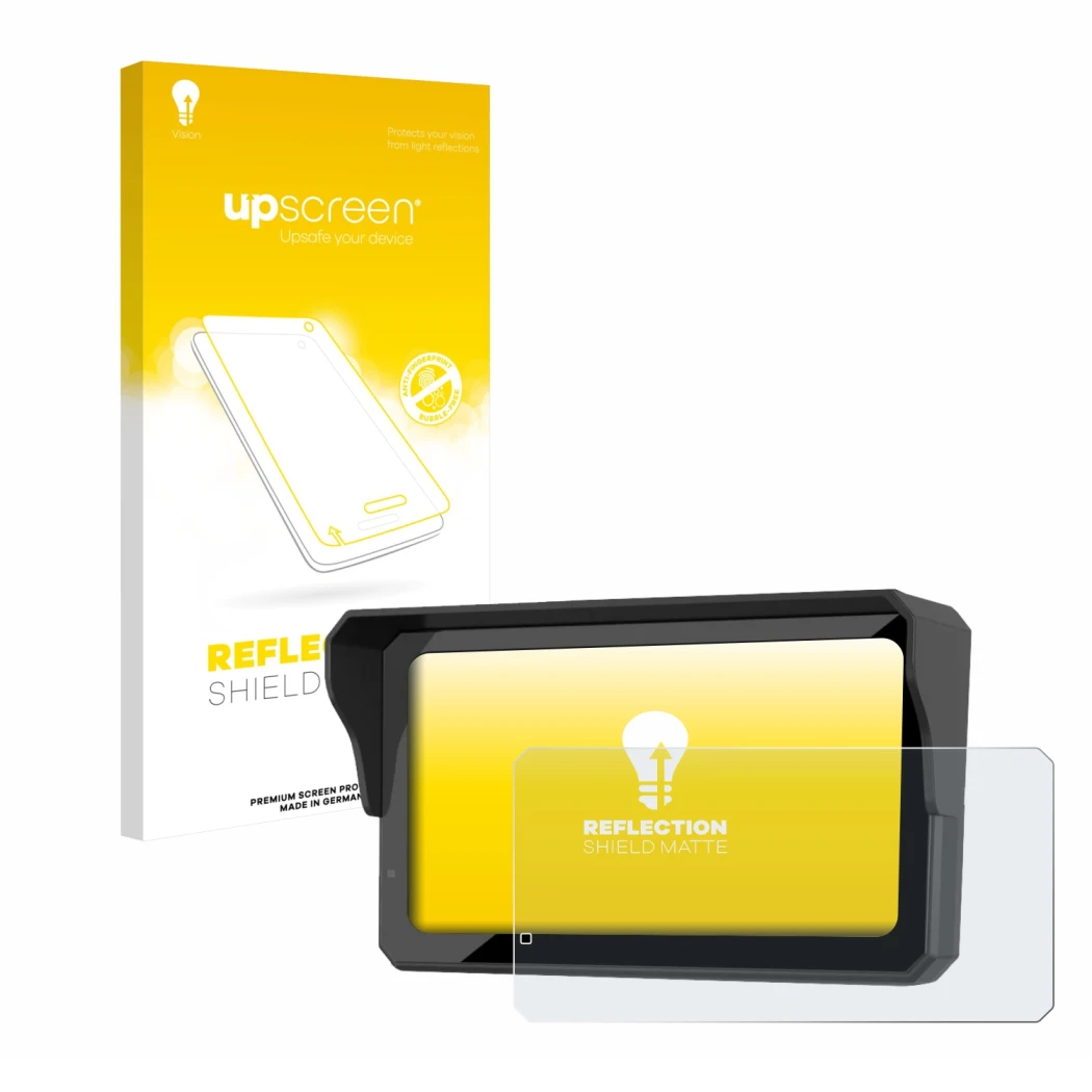 Parte frontal de un envase de producto con el logotipo de la marca upscreen. Al lado se muestra el dispositivo Carpuride W602B