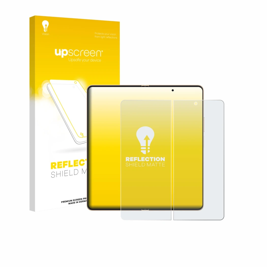 Parte frontal de un envase de producto con el logotipo de la marca upscreen. Al lado se muestra el dispositivo Honor Magic V6